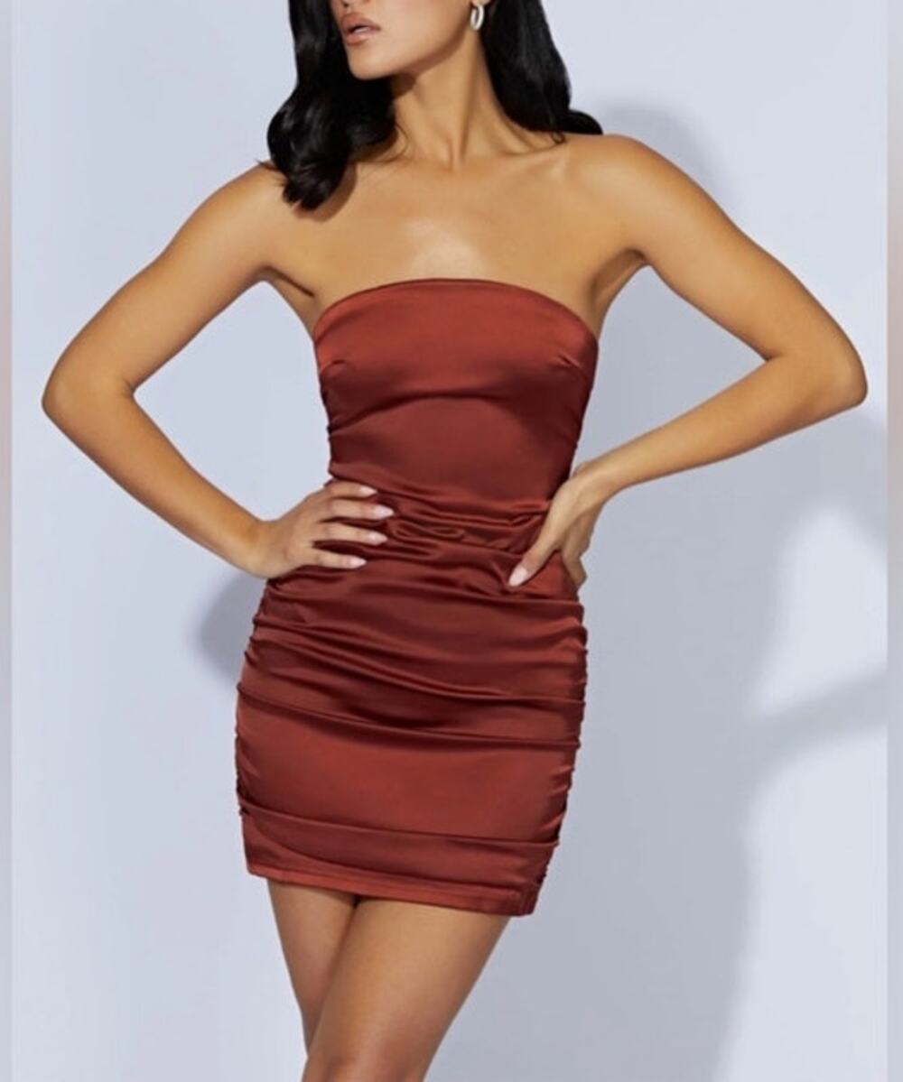 Meshki Corinne Ruched Satin Mini Dress Brown Large